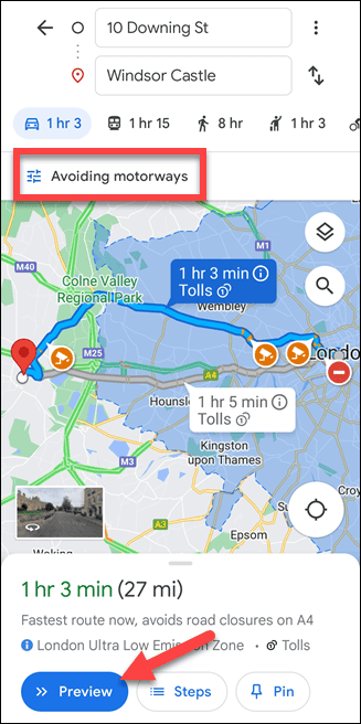 Mobilna pot Google Maps brez avtocest