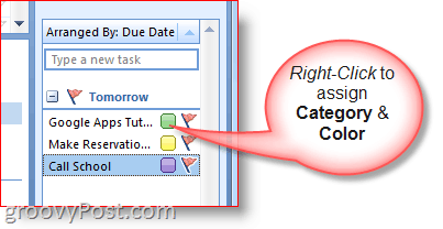 Vrstica opravil Outlook 2007 - z desno tipko miške kliknite opravilo, da izberete barve in kategorijo