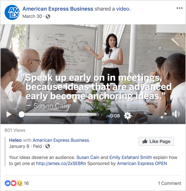 V tem Facebook oglasu za American Express Business je predstavljena Susan Cain, znana strokovnjakinja za vodstvo in upravljanje, ki je slavo dosegla z nedavnim pogovorom TED.