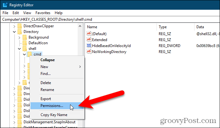 Izberite Dovoljenja za ključ v urejevalniku registra sistema Windows