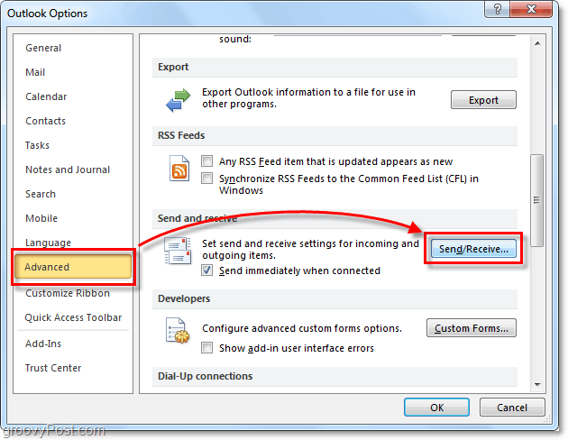 napredne možnosti pošiljanja in prejemanja v programu Outlook 2010