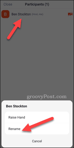 Preimenovanje sebe na mobilnem sestanku Zoom
