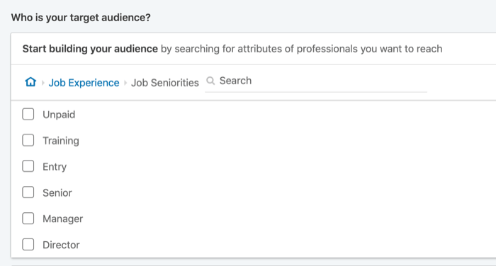 ciljajte oglase LinkedIn glede na delovno dobo