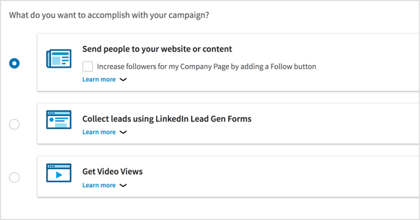 Izberite cilj kampanje za svojo oglaševalsko akcijo LinkedIn.