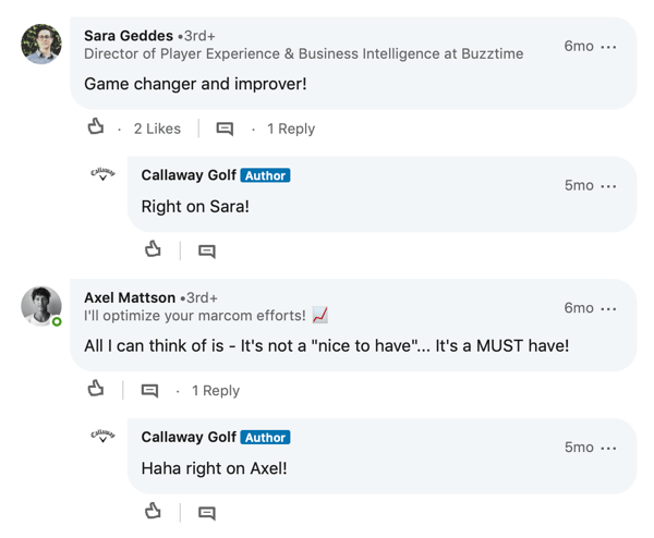 Komentarji članov LinkedIn za objavo Callaway Golf
