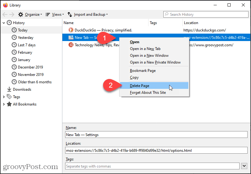 Izbriši stran v zgodovini v Firefoxu