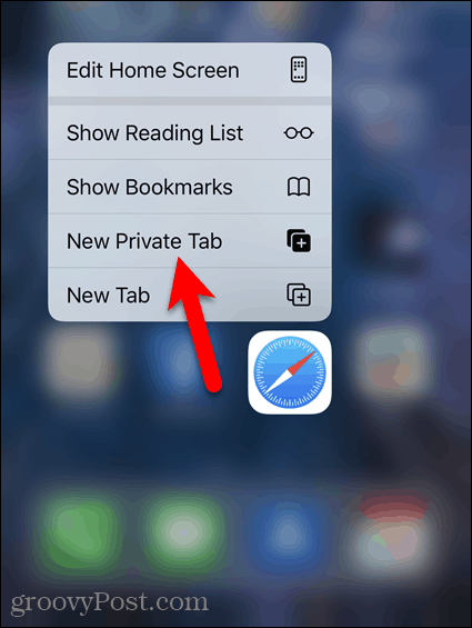 Dolgo pritisnite ikono Safari in tapnite Nov zasebni zavihek