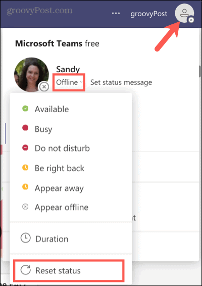Ponastavite svoj status v Teams