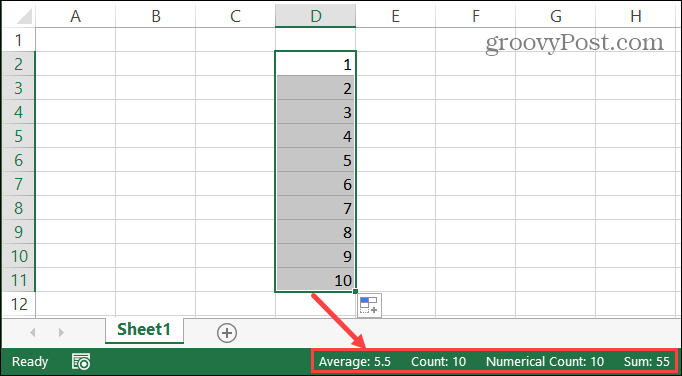 Vrstica stanja Excel za izbrane celice