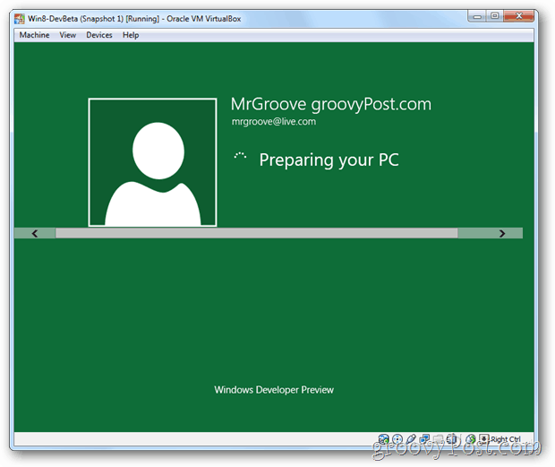Namestitev programa VirtualBox za Windows 8, ki pripravlja namizje