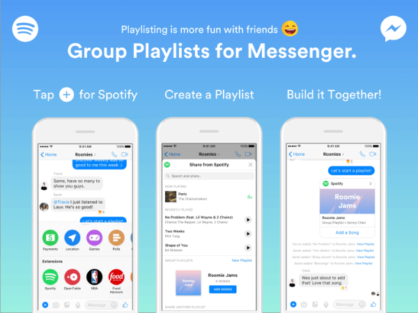 Spotify je razširil funkcionalnost v svojem sporočilu Messenger, da je skupinam omogočil, da gradijo sezname predvajanja neposredno iz aplikacije Messenger.