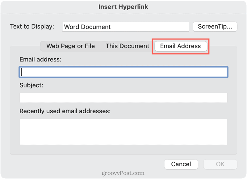 Povezava do e-poštnega sporočila v Wordu na Macu