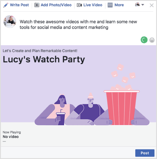 Kliknite Objavi, da objavite objavo na Facebook Watch Party.