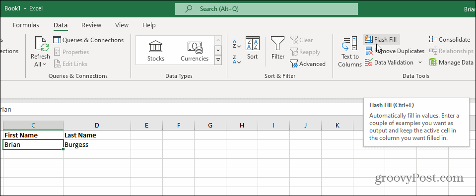 Podatkovna orodja Flash Fill Excel
