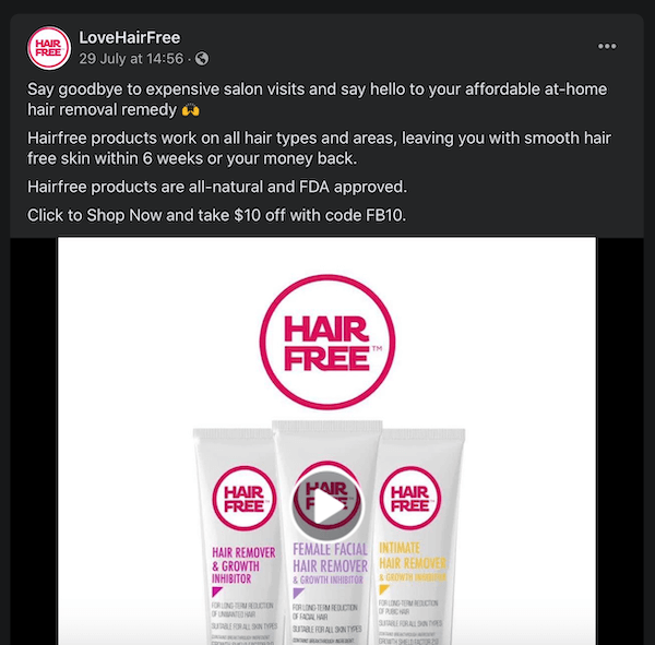 facebook post, ki ga je lovehairfree opozoril na njihove izdelke za odstranjevanje dlak, tako da jih primerja z dragimi obiski salona