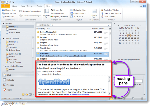 Outlook 2010 privzeto podokno e-pošte