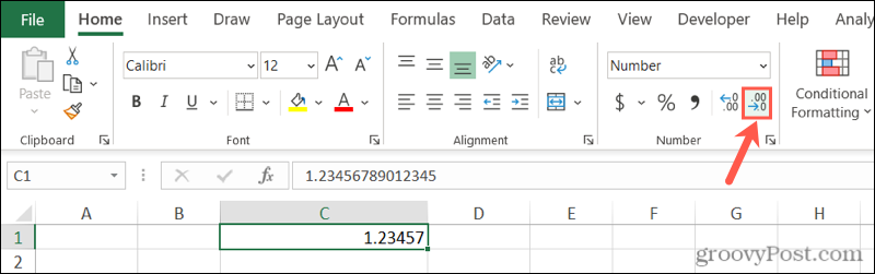 Zmanjšaj decimalni gumb v Excelu