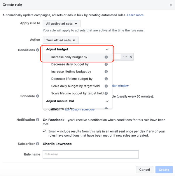 Uporabite samodejna pravila Facebooka, povečajte proračun, če je ROAS večji od 2, korak 1, nastavite dejanje