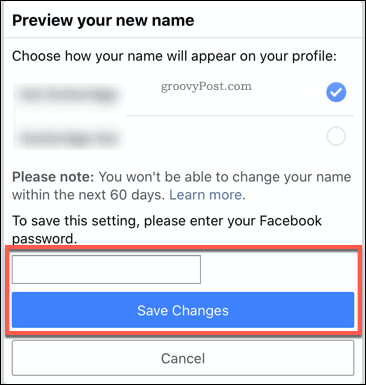 Potrditev spremembe imena Facebooka v mobilni aplikaciji