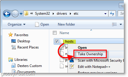 Posnetek zaslona sistema Windows 7 - z desnim klikom kliknite kontekstni meni, da prevzamete lastništvo nad katero koli datoteko v sistemu Windows 7