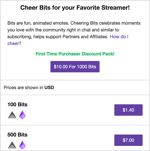 Twitch ima bite, ki jih lahko kupite, da navijate za vsebino ustvarjalcev. V meniju bitov piše Cheer Bits For Your Favorite Stream! Vijolični gumb je označen z 10,00 USD za 1000 bitov. Pod to možnostjo so možnosti za nakup 100 bitov za 1,40 USD ali 500 bitov za 7 USD.