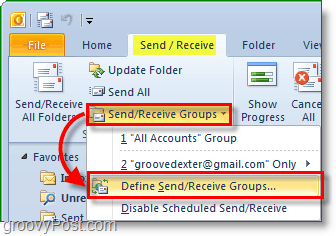Zaslon programa Outlook 2010 - pošiljanje in prejemanje skupin - določanje skupin