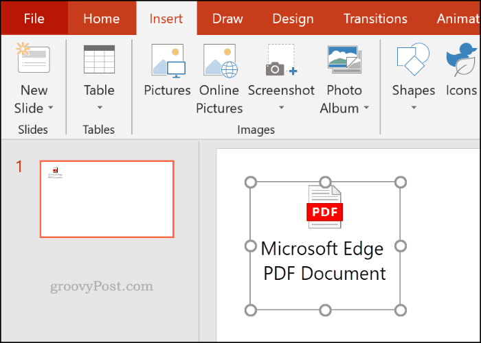 Vstavljena datoteka PDF kot predmet v programu PowerPoint