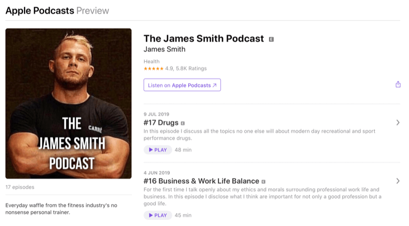 Trženjska strategija socialnih medijev; Posnetek zaslona podcasta Jamesa Smitha na Apple Podcasts. James je znan fitnes v fitnes prostoru.
