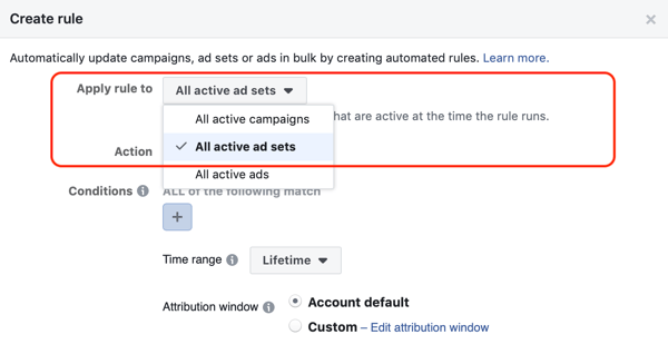 Uporabite samodejna pravila Facebooka, ustavite nabor oglasov, če je poraba dvakrat večja od cene in manj kot en nakup, 1. korak, velja za vse nabore oglasov