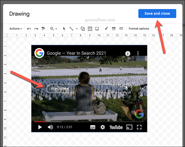Predvajanje videoposnetka YouTube znotraj risbe Google Dokumentov