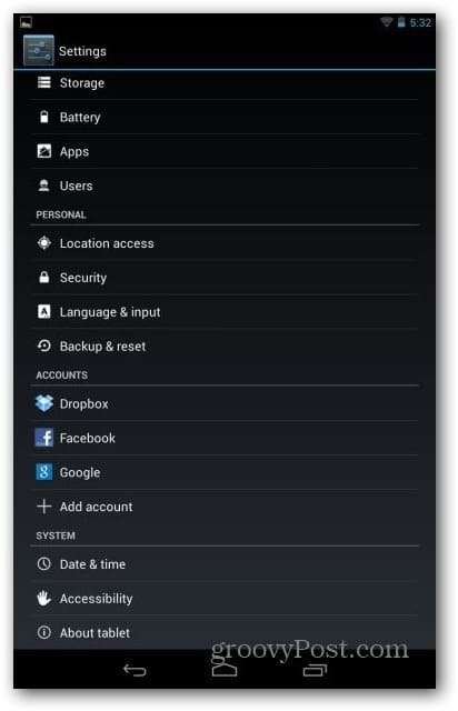 Uporabniški računi Nexus 7 - nastavitveni uporabnik