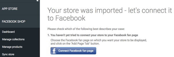 Ko je vaša trgovina uvožena prek aplikacije StoreYa, se prepričajte, da je povezana s Facebookom.
