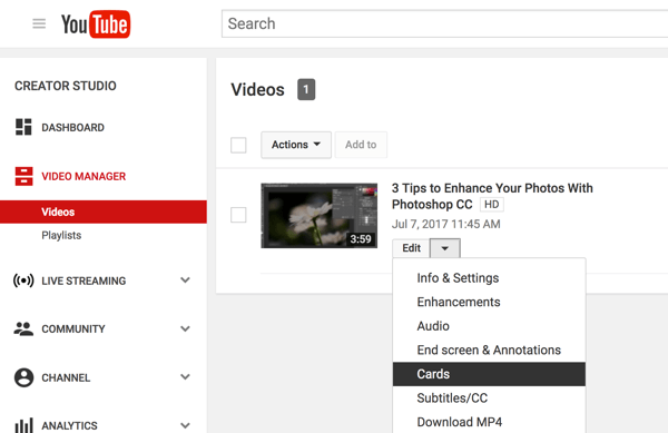 V upravitelju videoposnetkov YouTube kliknite puščico dol poleg možnosti Uredi in izberite Kartice.
