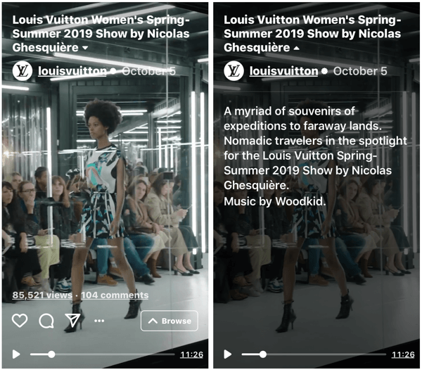 Primer oddaje IGTV Louis Vuitton za njihovo modno revijo pomlad-poletje 2019 za ženske.