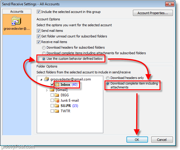 Posnetek zaslona Outlook 2010 – Prejeto uporablja vedenje po meri prenos celotnega elementa