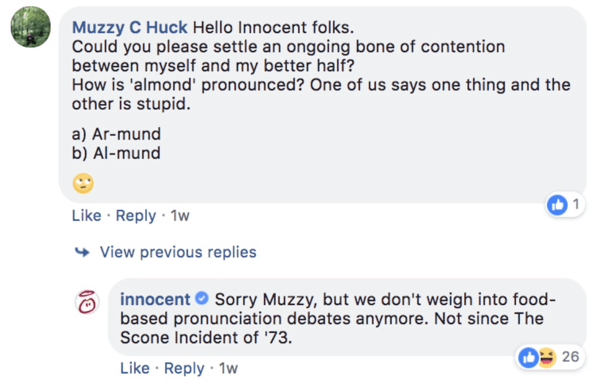 Primer nedolžnega odgovora na vprašanje o komentarju na objavi na Facebooku.