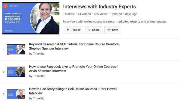 YouTube-ov kanal Thinkific ima vrsto intervjujev z ustvarjalci spletnih tečajev.