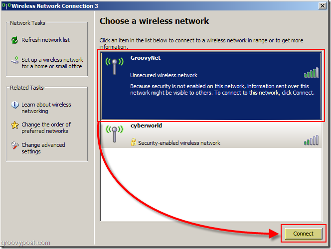 Meni Windows XP, da izberete posnetek zaslona za brezžično omrežje:: groovyPost.com