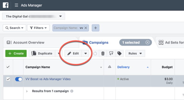Facebook ThruPlay Optimization za urejanje 10-sekundne oglede kampanje, 1. korak.