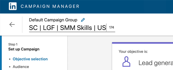 posnetek zaslona imena oglaševalske akcije LinkedIn, urejenega tako, da piše "SC | LGF | Spretnosti SMM | ZDA 