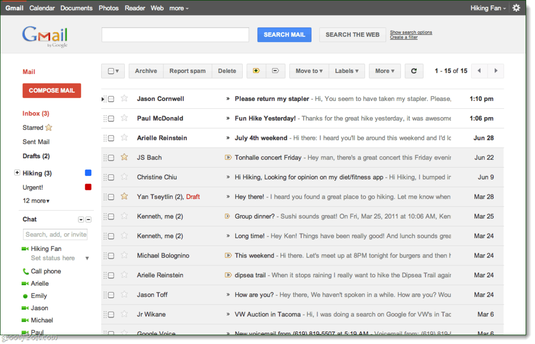 Pogled v prejeto pošto v Gmailu, tema predogleda