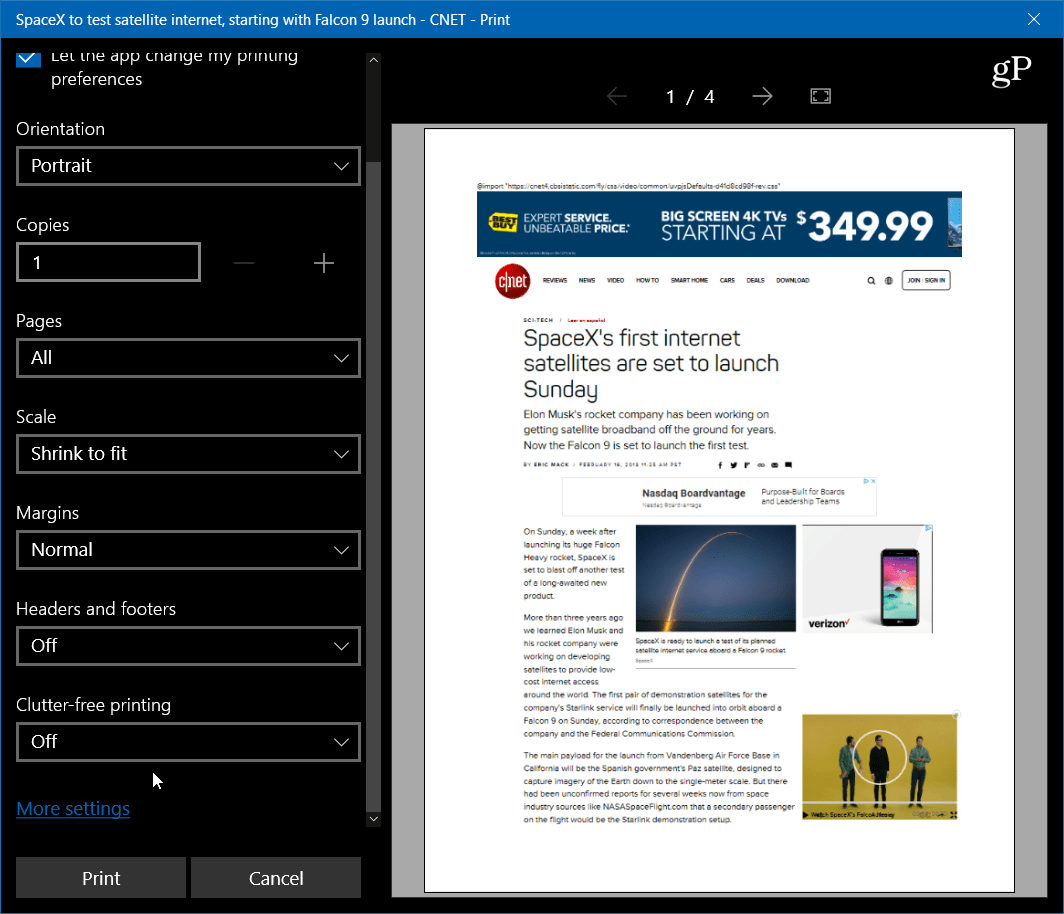 Natisnite članke na spletnem mestu Čisto in brez težav z Microsoft Edge
