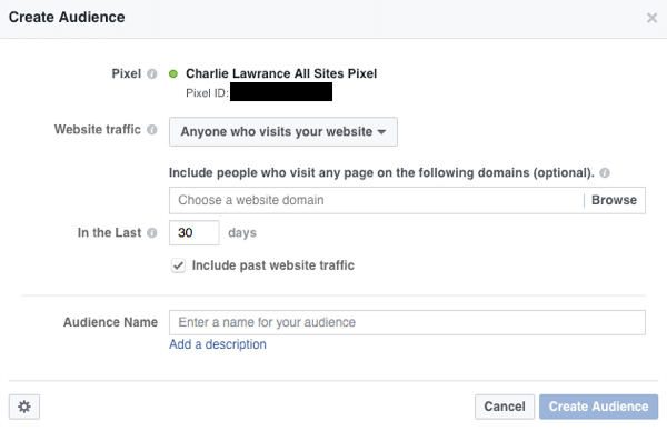 Ustvarite ciljno skupino spletnega mesta, da obiskovalce spletnega mesta ponovno ciljate z oglasi na Facebooku.