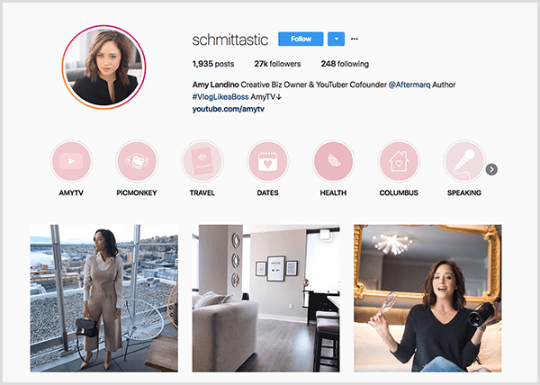 Instagram profil Amy Landino uporablja ročaj schmittastic. Njen profil na Instagramu prikazuje glavne kategorije za AmyTV, Picmonkey, potovanja, datume, zdravje, Columbus in govor. Na fotografijah so slike Amy.