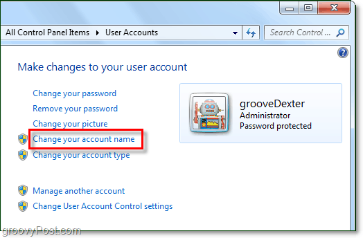 spremenite ime računa v operacijskem sistemu Windows 7