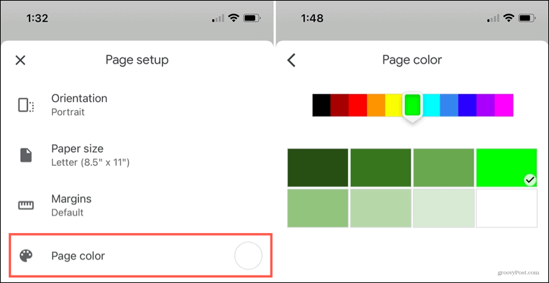 Barva strani Google Docs v iPhonu