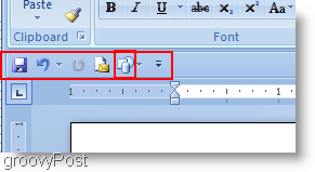 Oblike programa Microsoft Word 2007, dodane v meni za hitri dostop in premaknjene pod trakom