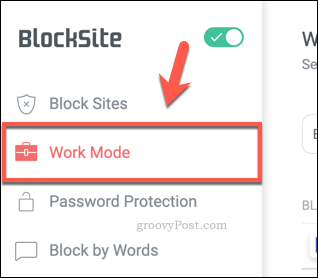 Zavihek BlockSite Work Mode