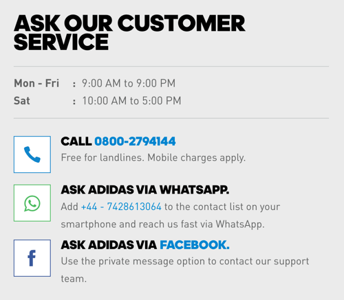 Adidas poleg telefonske številke vključuje povezave WhatsApp in Facebook Messenger za možnosti oskrbe strank.