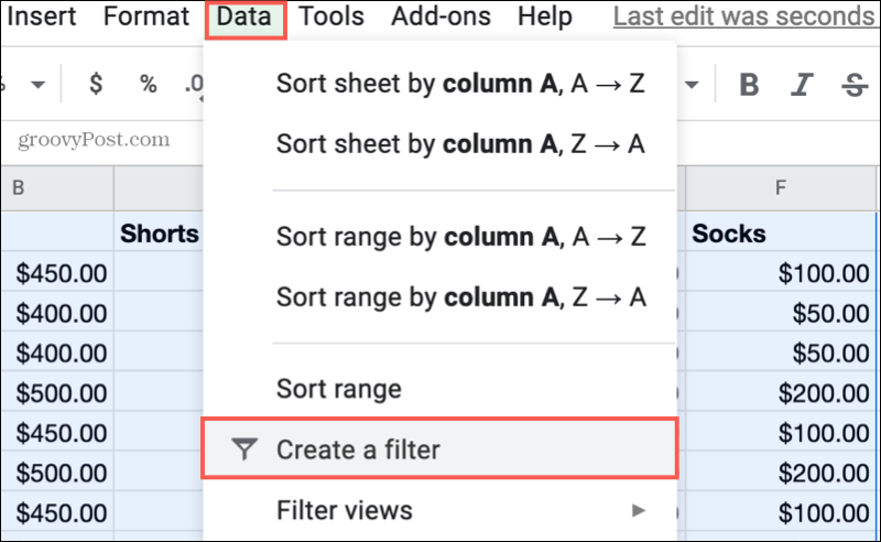 Ustvarite filter v Google Preglednicah